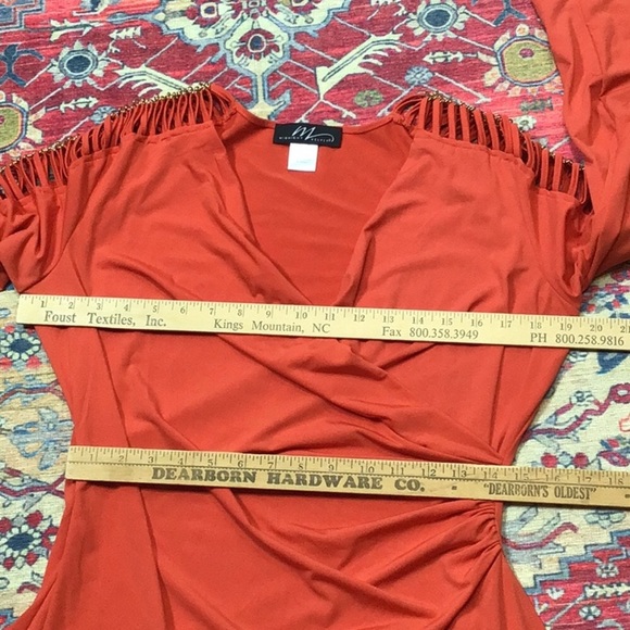 🪸MIDNIGHT VELVET Coral Gold Chain Long Sleeves Ruched Surplus Faux Wrap - Picture 4 of 7